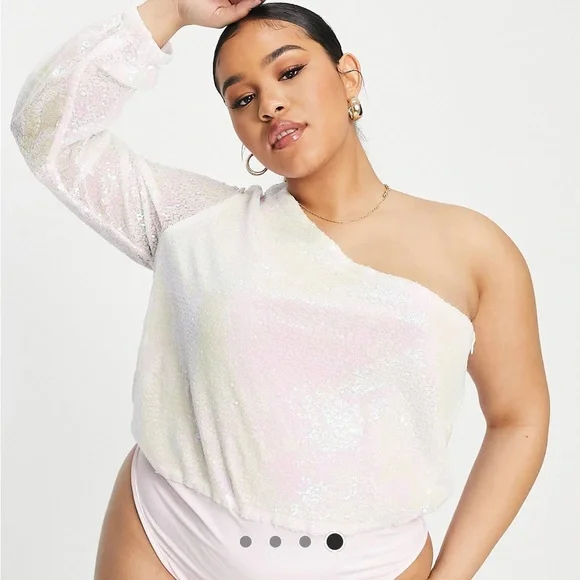 NYE One Shoulder Iridescent Pink Plus Size Bodysuit - Picture 5 of 5